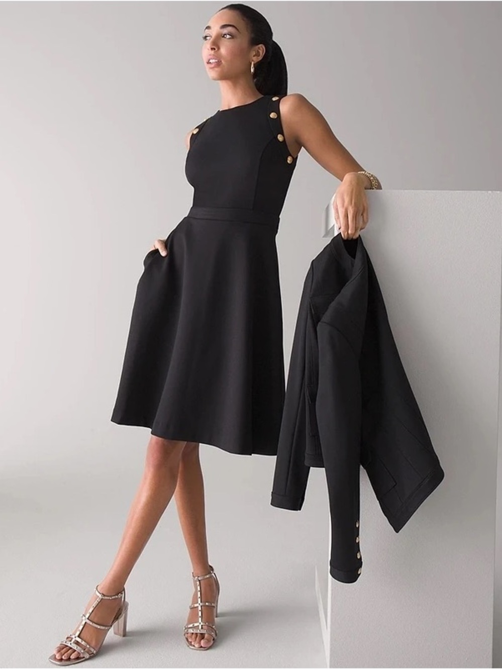 WHBM Luxe Black Scuba Knit Fit-&-Flare Dress